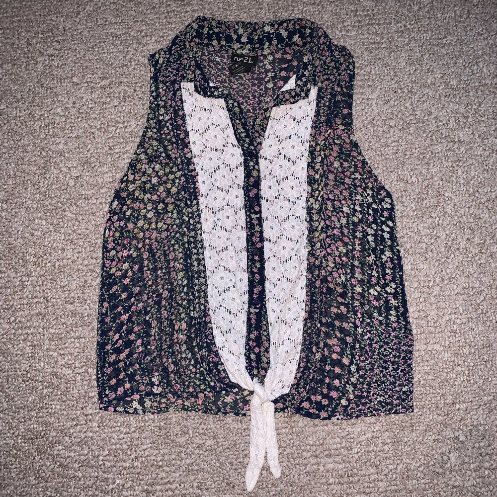 Navy ditzy pink yellow floral print white lace tie